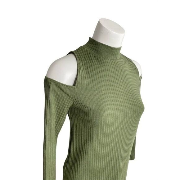 DESIGN LAB Solid Olive Green Cold Shoulder Ribbed Dress Sz Small NEW - Picture 2 of 7